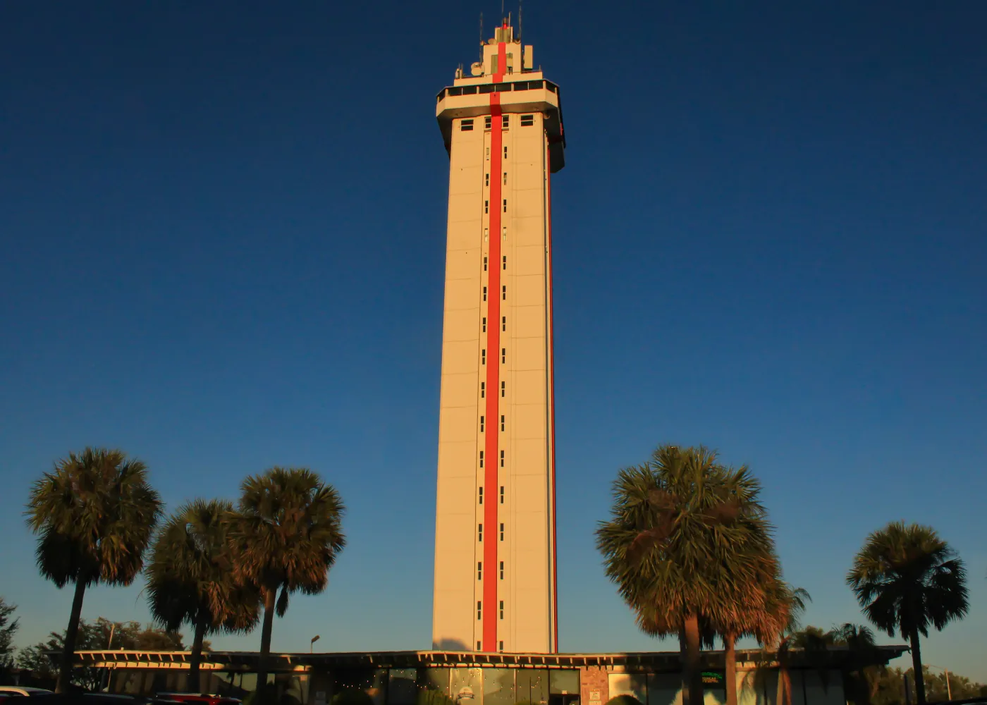 The Florida Citrus Tower in Clermont at sunset, framed by palm trees